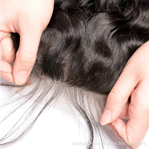 Modern Show Double Drawn Silk Straight Brazilian Human Hair Bundles With Lace Frontal Closure